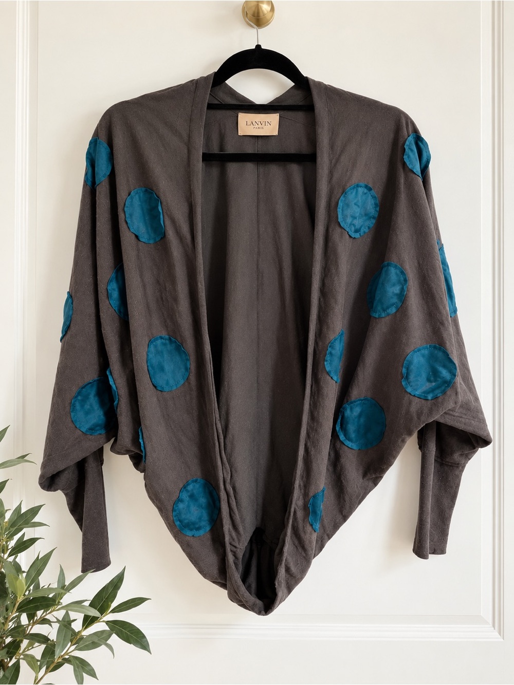 Lanvin Paris Silk Cotton Batwing Cocoon Cardigan Teal Circle Appliqué Size L